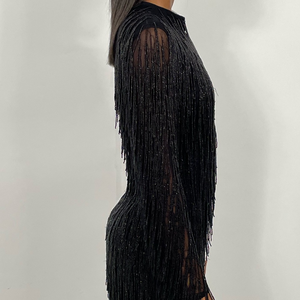 Black and White Fringe Mini Mini Dress - Picture 7 of 9